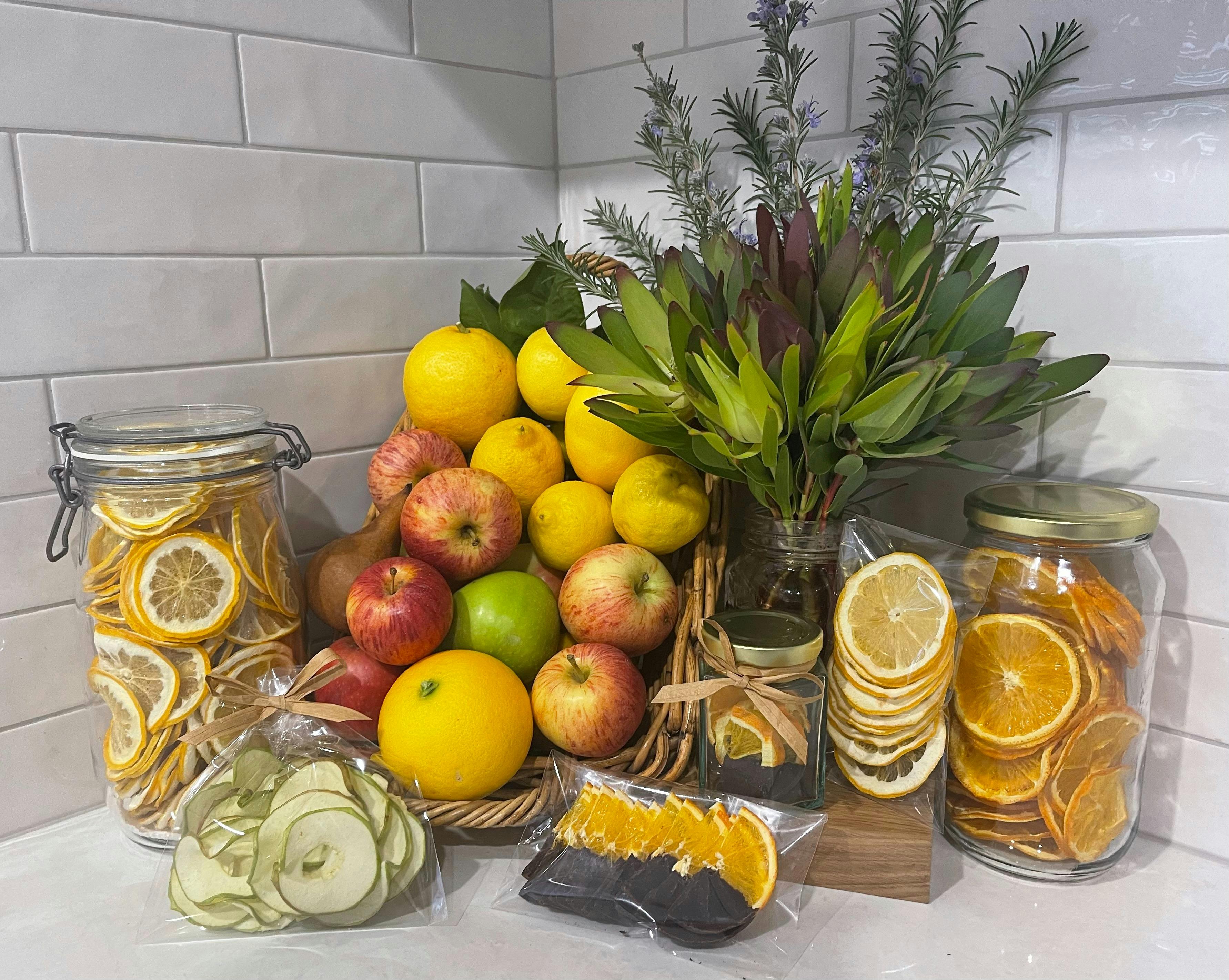 Dried local apple, grapefruit & orange slices. Gift ready choc dipped orange slices.