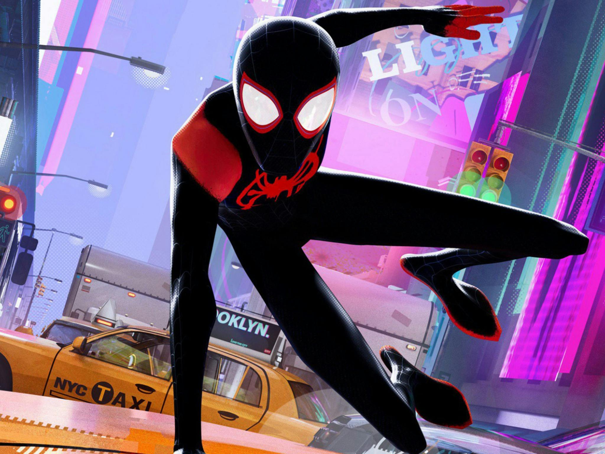 Animated still from Spider-Man showing Spider-Man in a cityscape