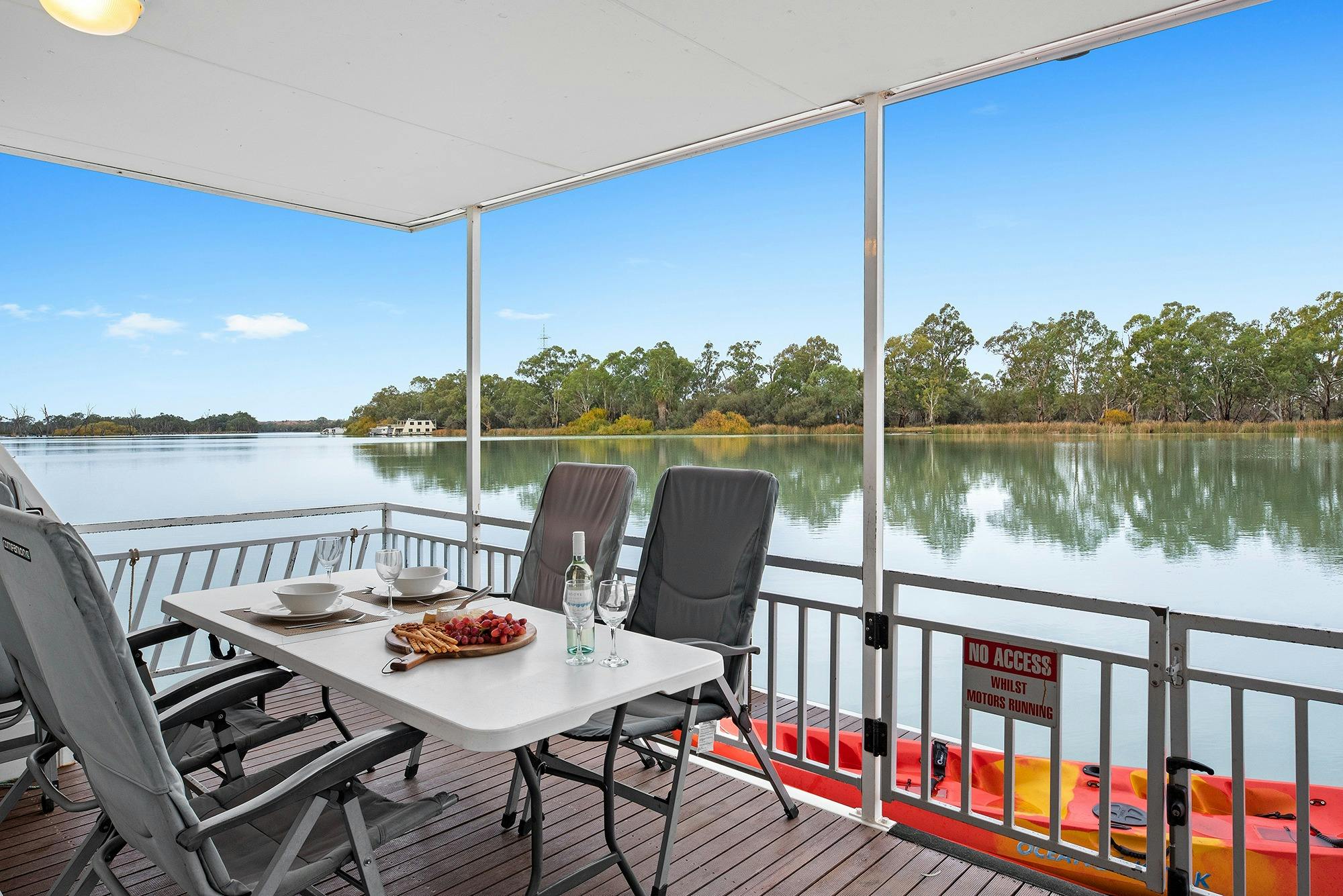 Undercover rear deck of Moving Waters houseboat