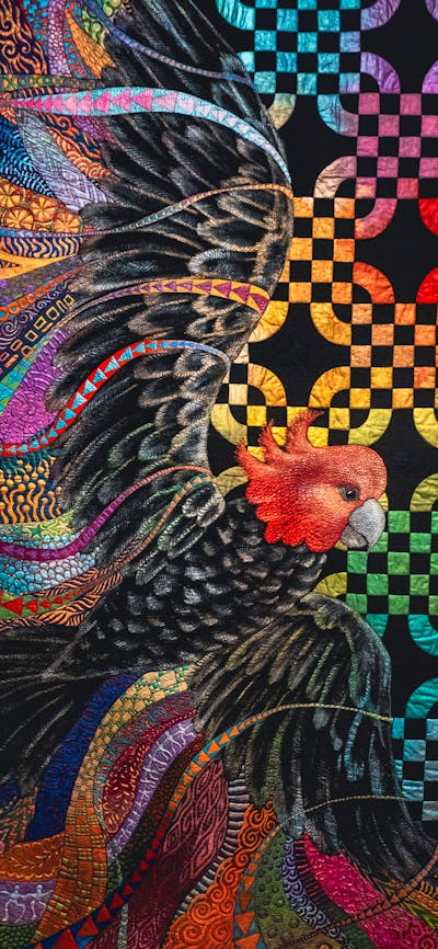 Freedom quilt by Helen Godden of a gang-gang cockatoo in flight with bright details surrounding