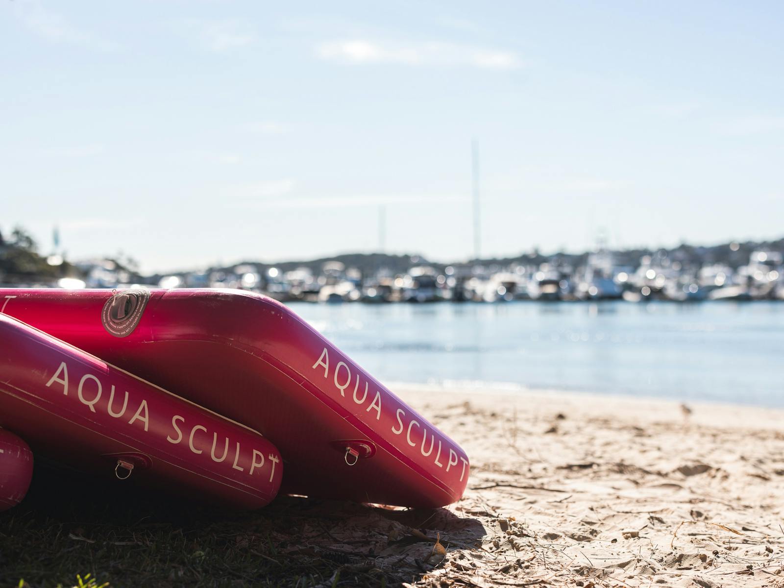 Two Aqua Sculpt boards leaning on the sand at Bellamy Beach in Rose Bay