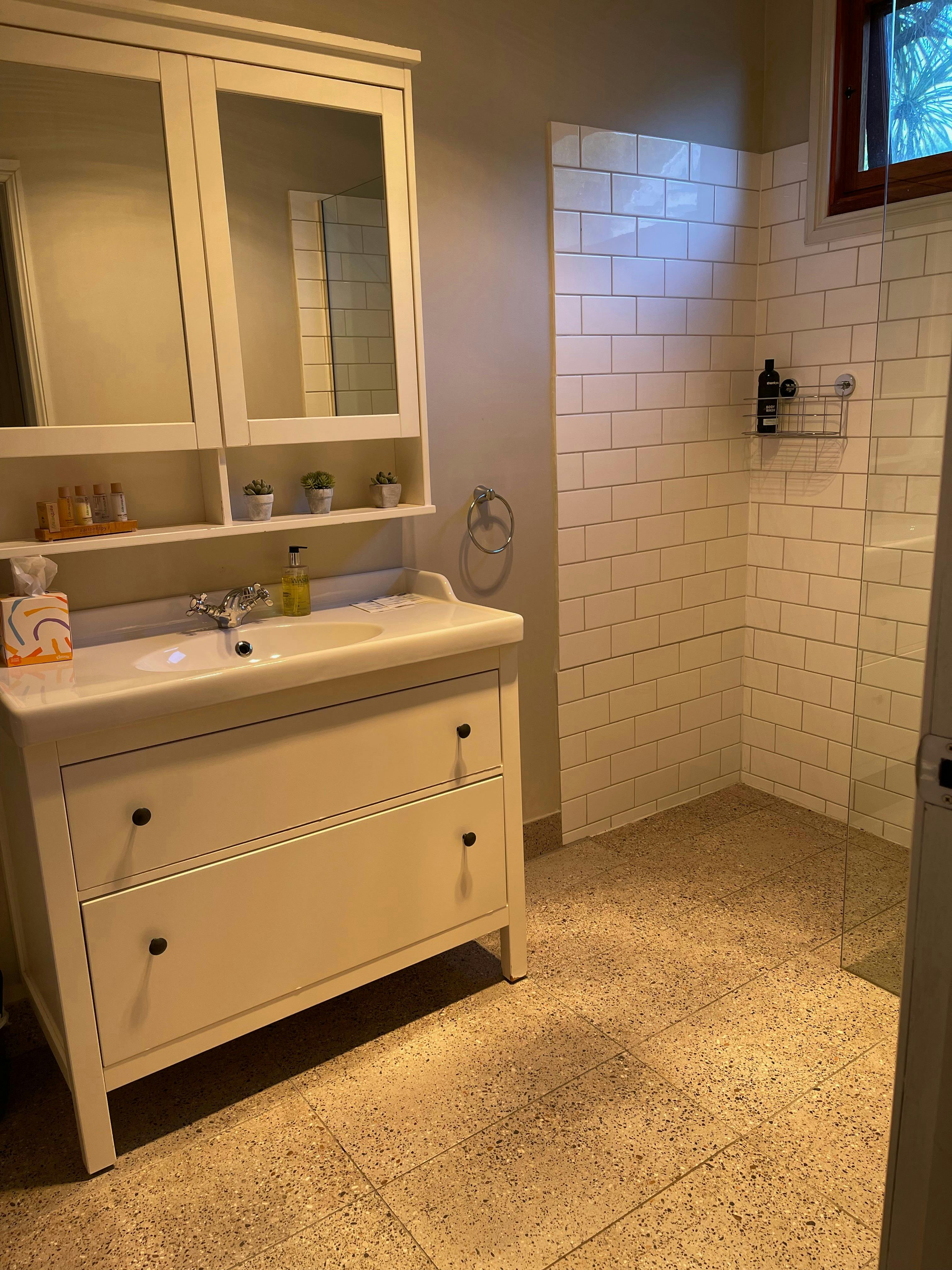 Bathroom with vanity and shower