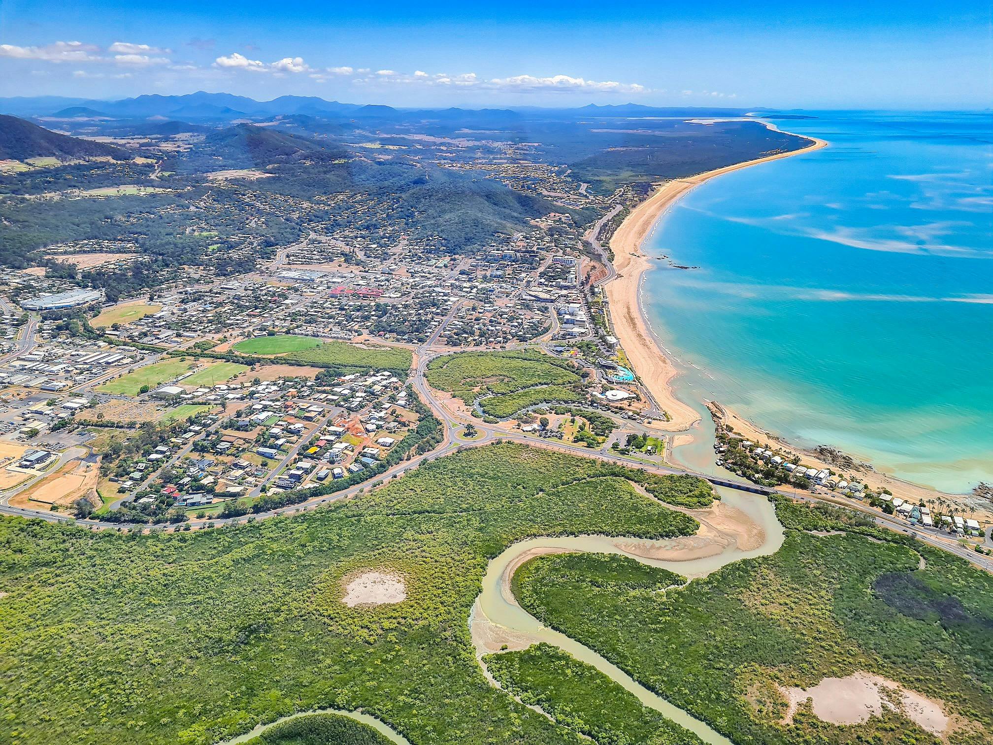 town of yeppoon and coastline overhead the causeway
