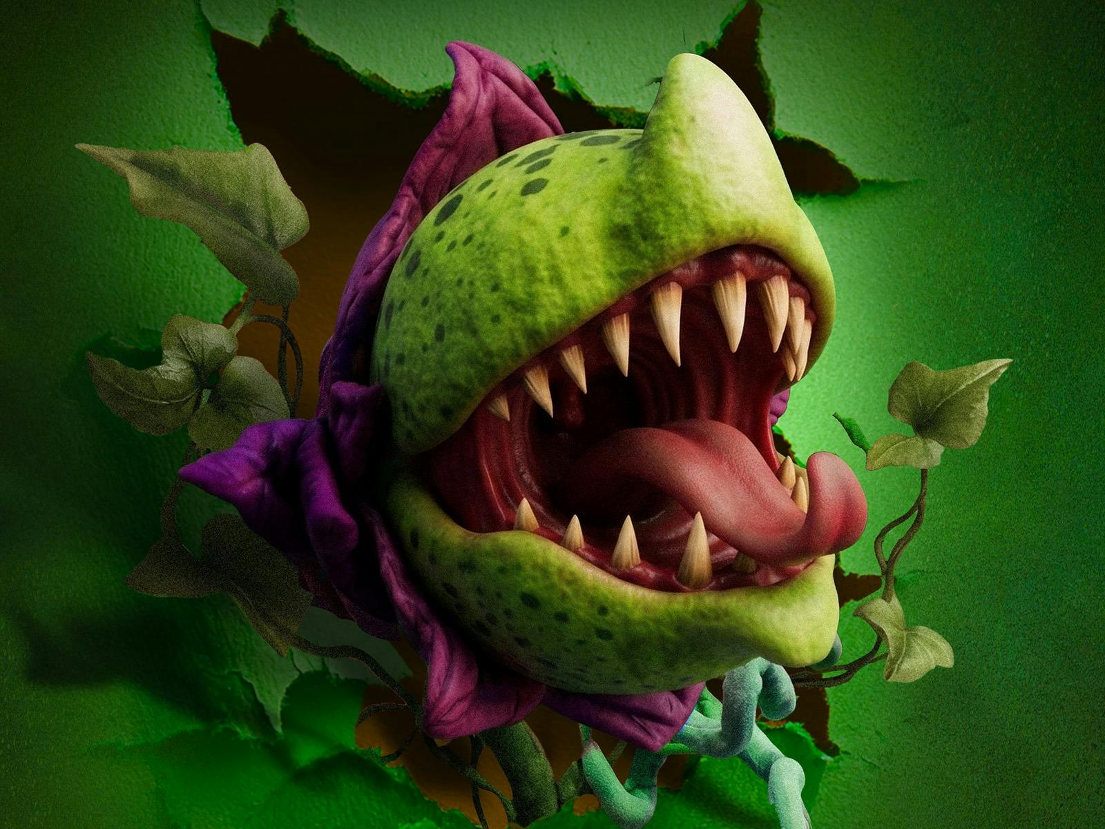 A stylized green carnivorous plant monster with purple leaves, a wide mouth full of sharp teeth