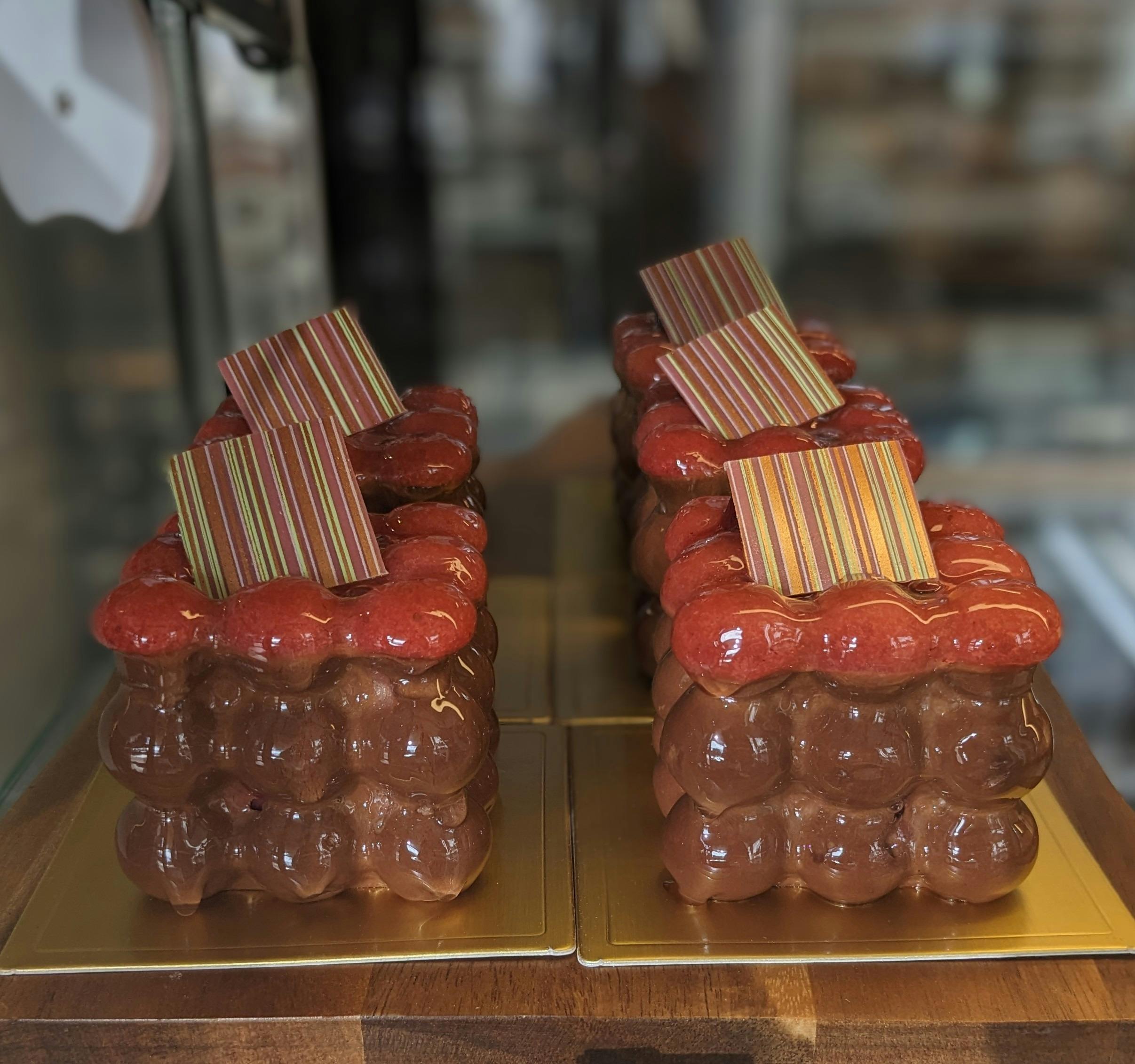Layers of Chocolate sponge with Chocolate and raspberry mousse