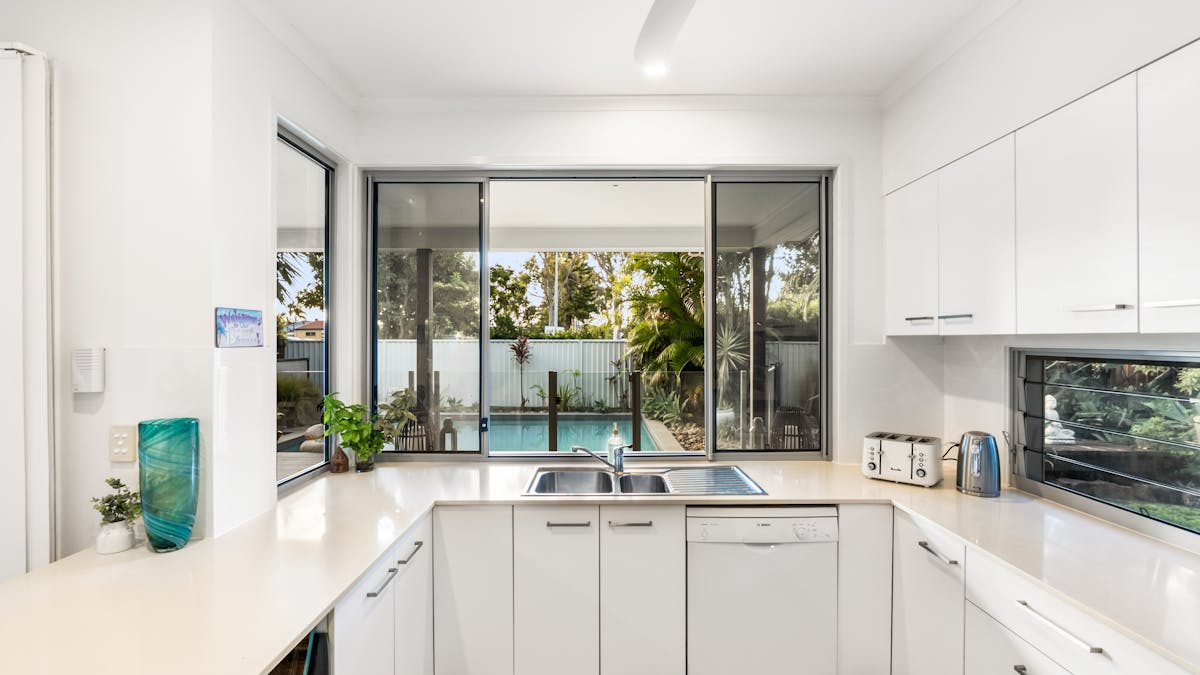 Kitchen overlooking pool
