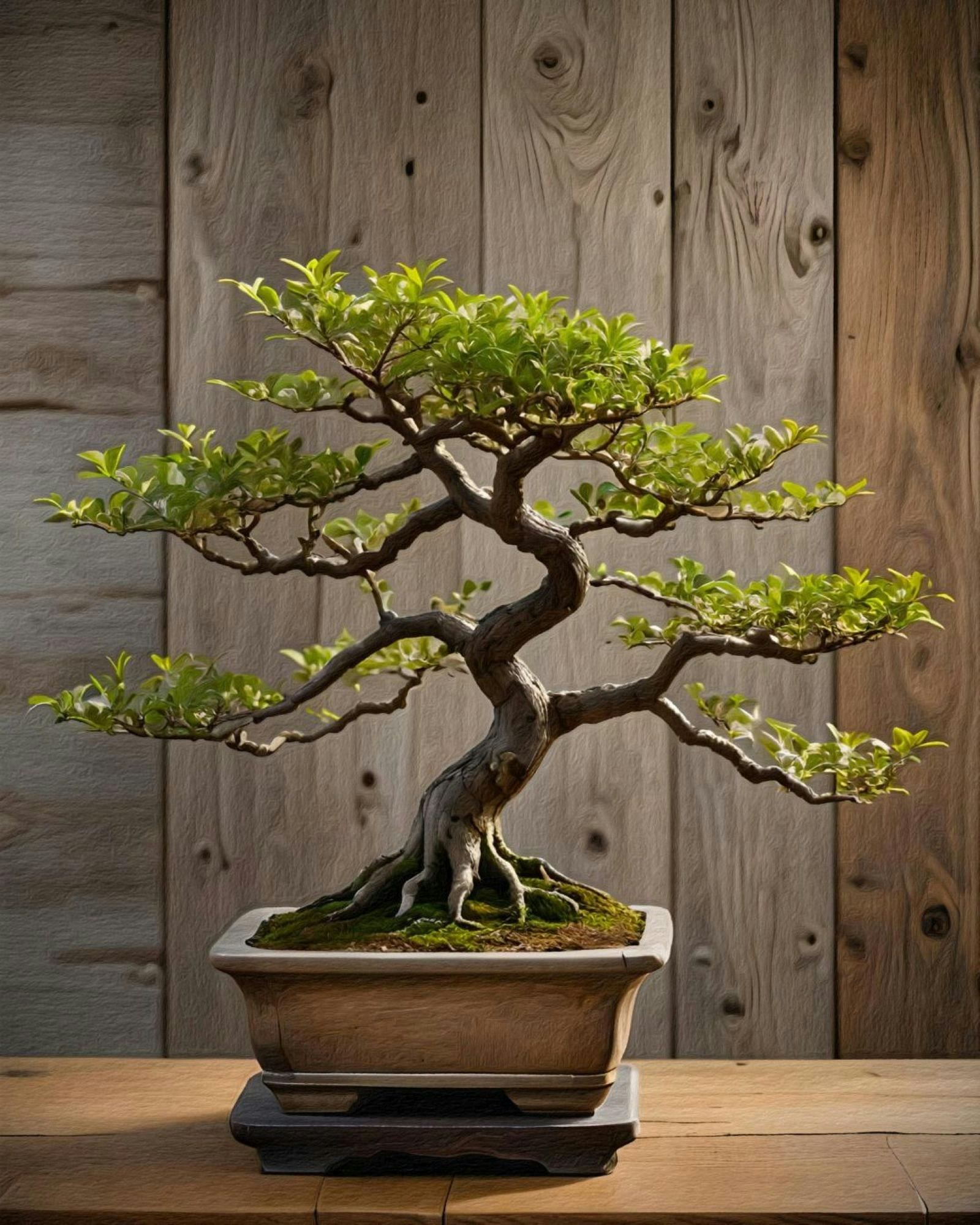bonsai tree in front of timber wall