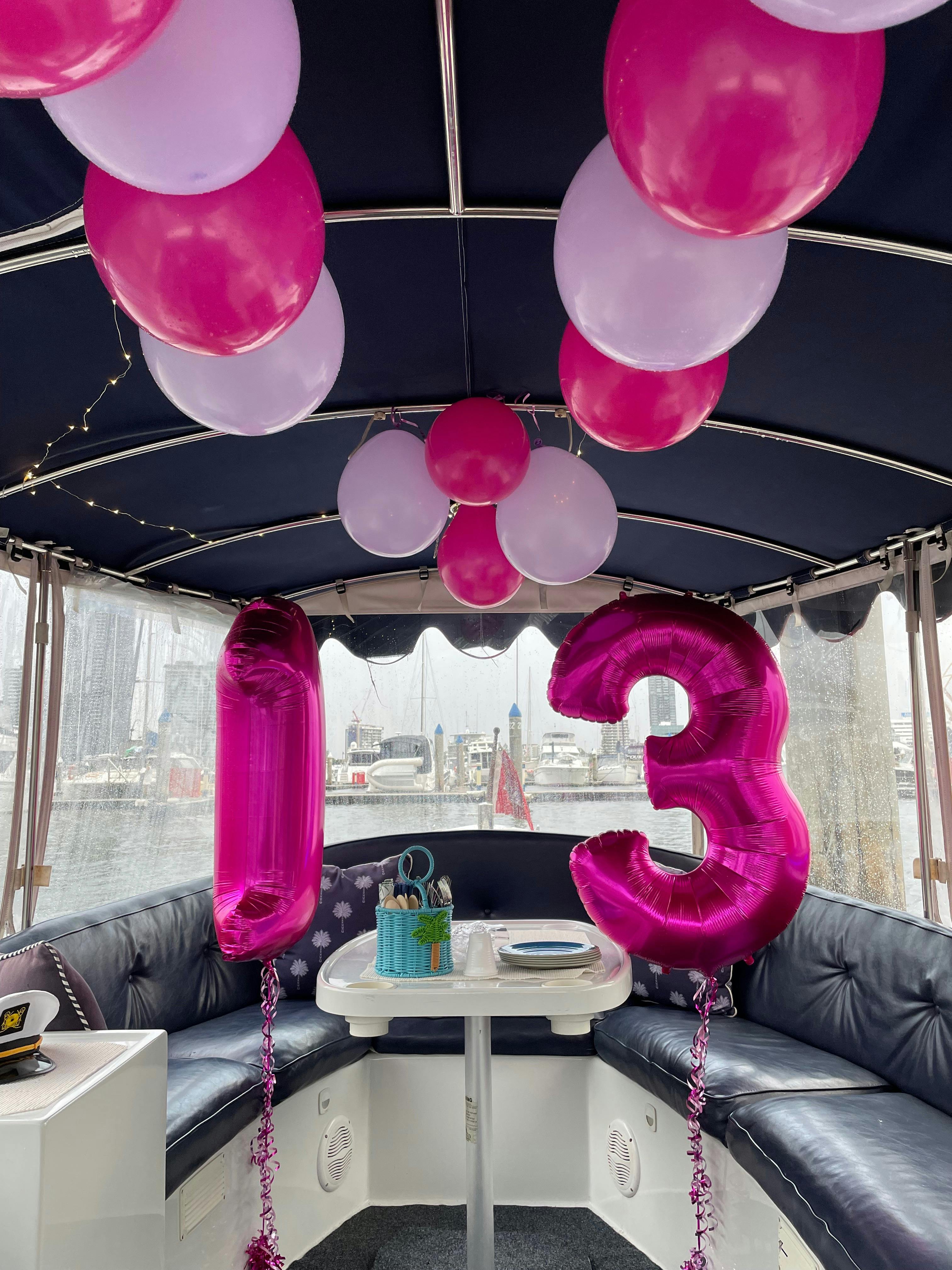 Duffy Boat Birthday Celebrations Boat decorated with Balloons