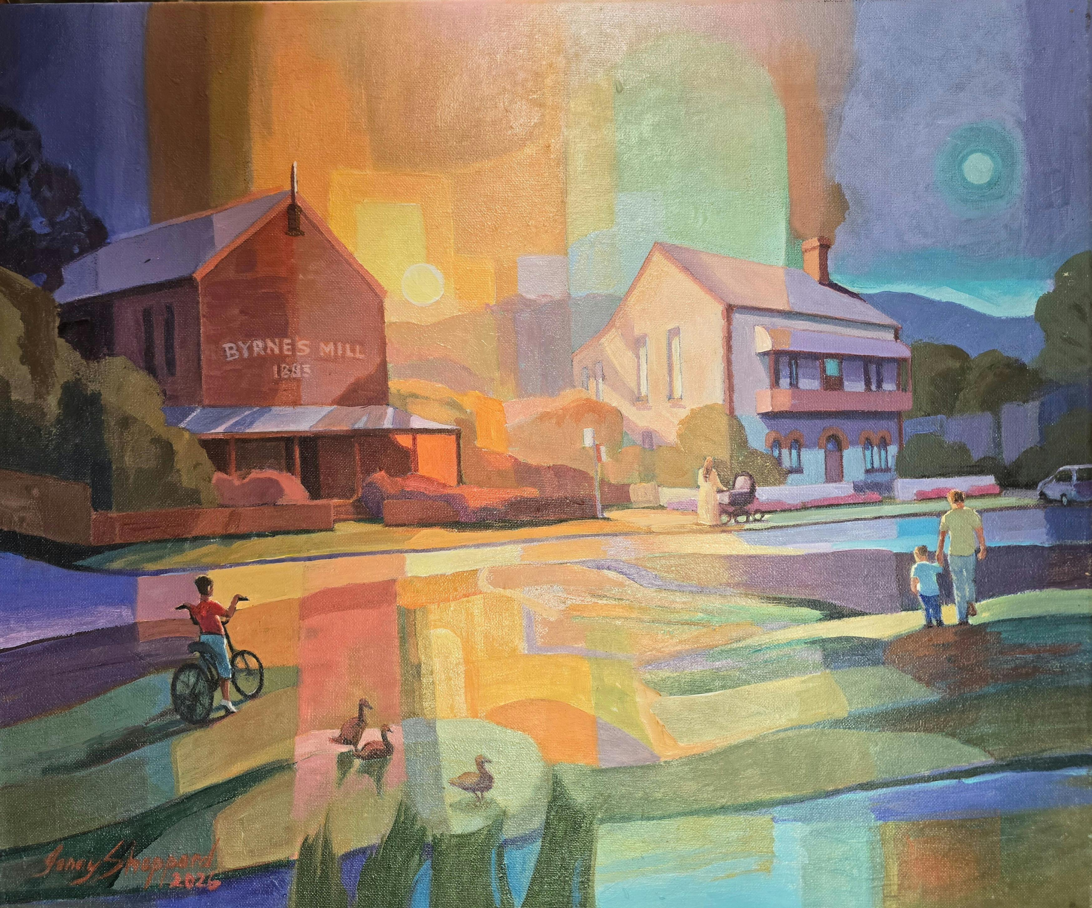 Colourful oil painting featuring a street, people and an iconic building - Byrne's Mill
