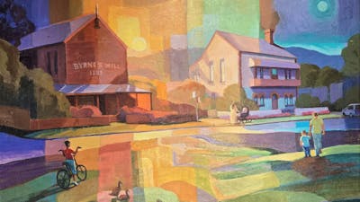 Colourful oil painting featuring a street, people and an iconic building - Byrne's Mill