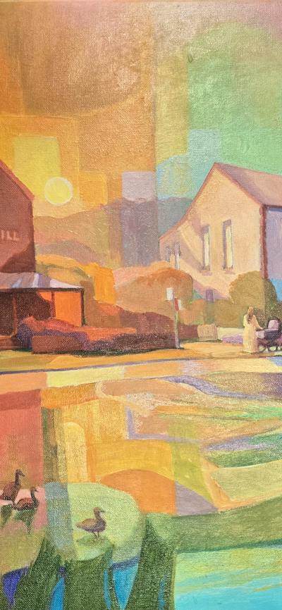 Colourful oil painting featuring a street, people and an iconic building - Byrne's Mill