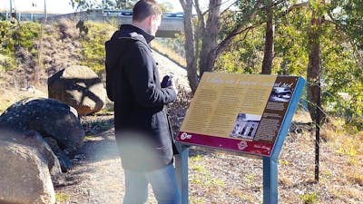 Man reading a sign board in treed area with road bridge in background