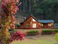 Timber cabin with large windows, bush backdrop, and exterior lighting at dusk.