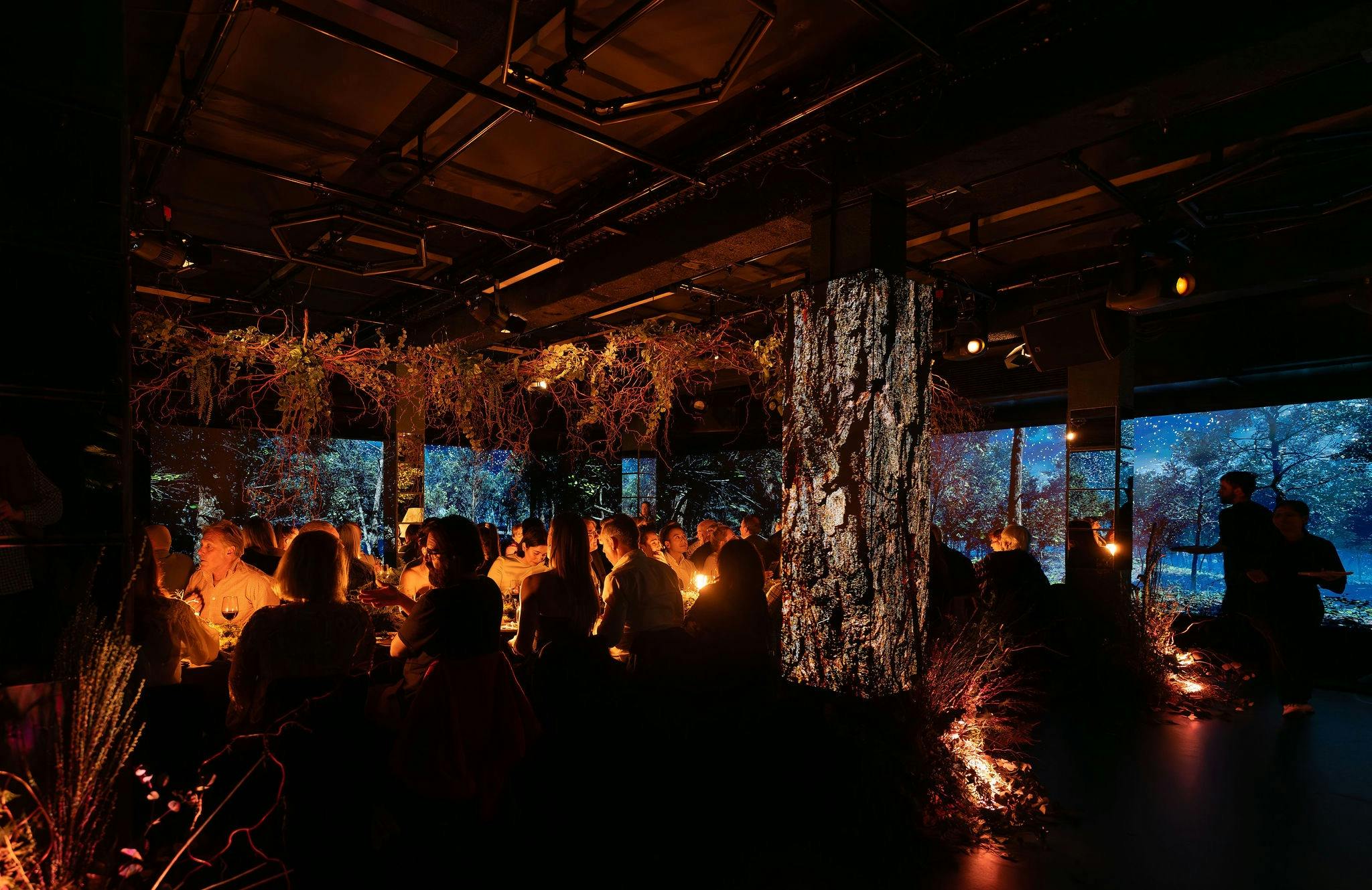 A communal dining table with forest styling and forest displayed on LED screens