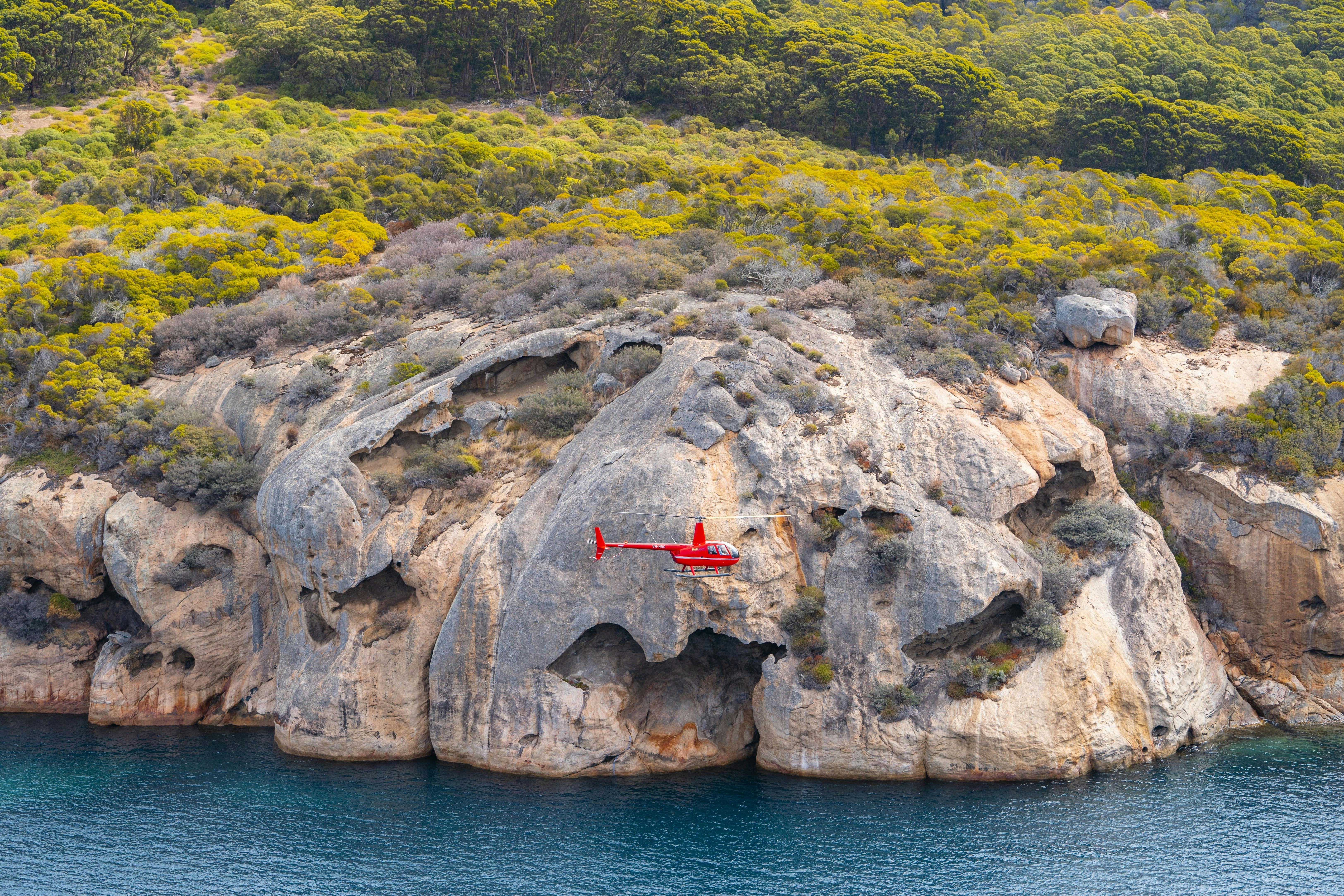 Helicopter flying past Woody Island
