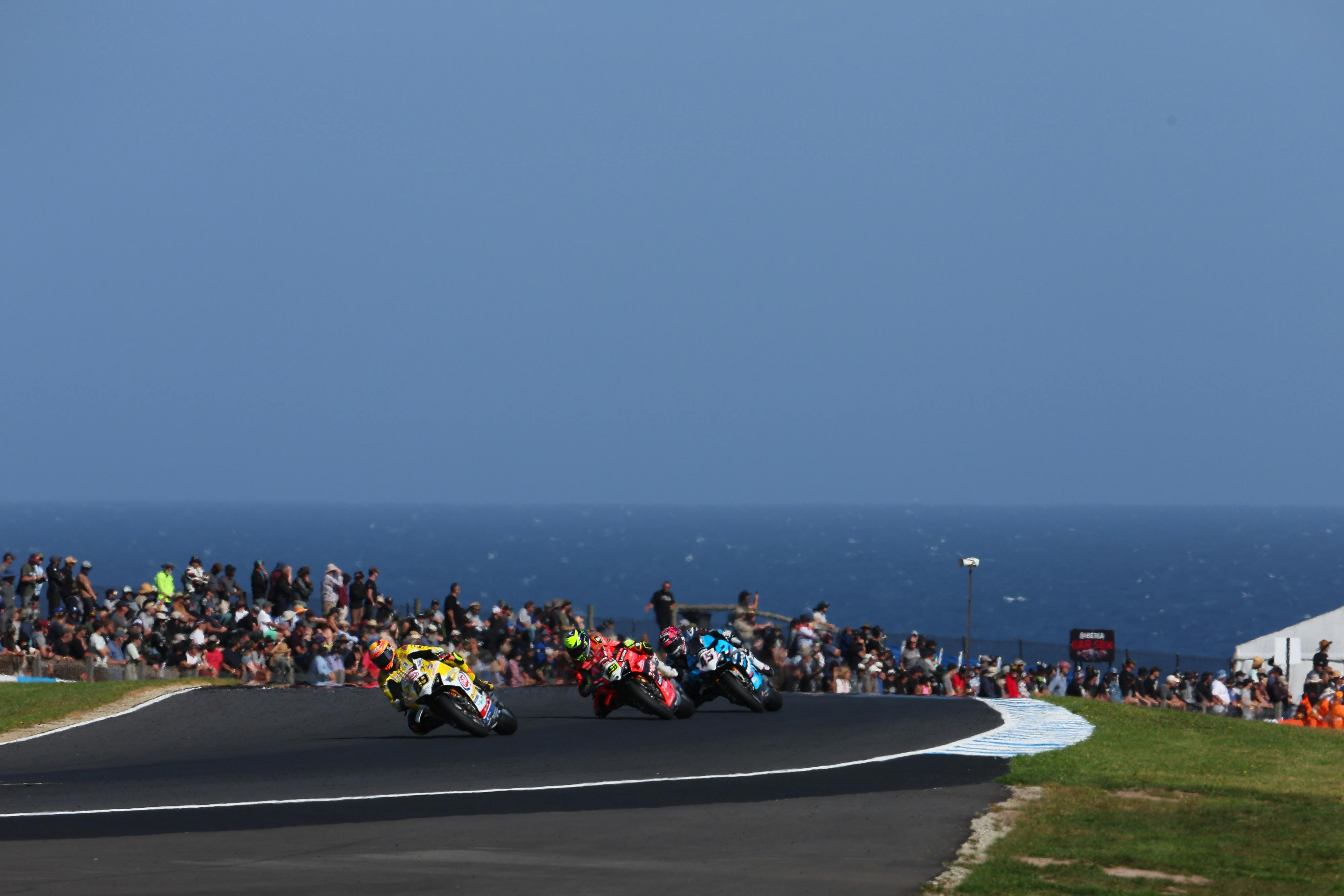 WorldSBK riders race in front of fans at Phillip Island.