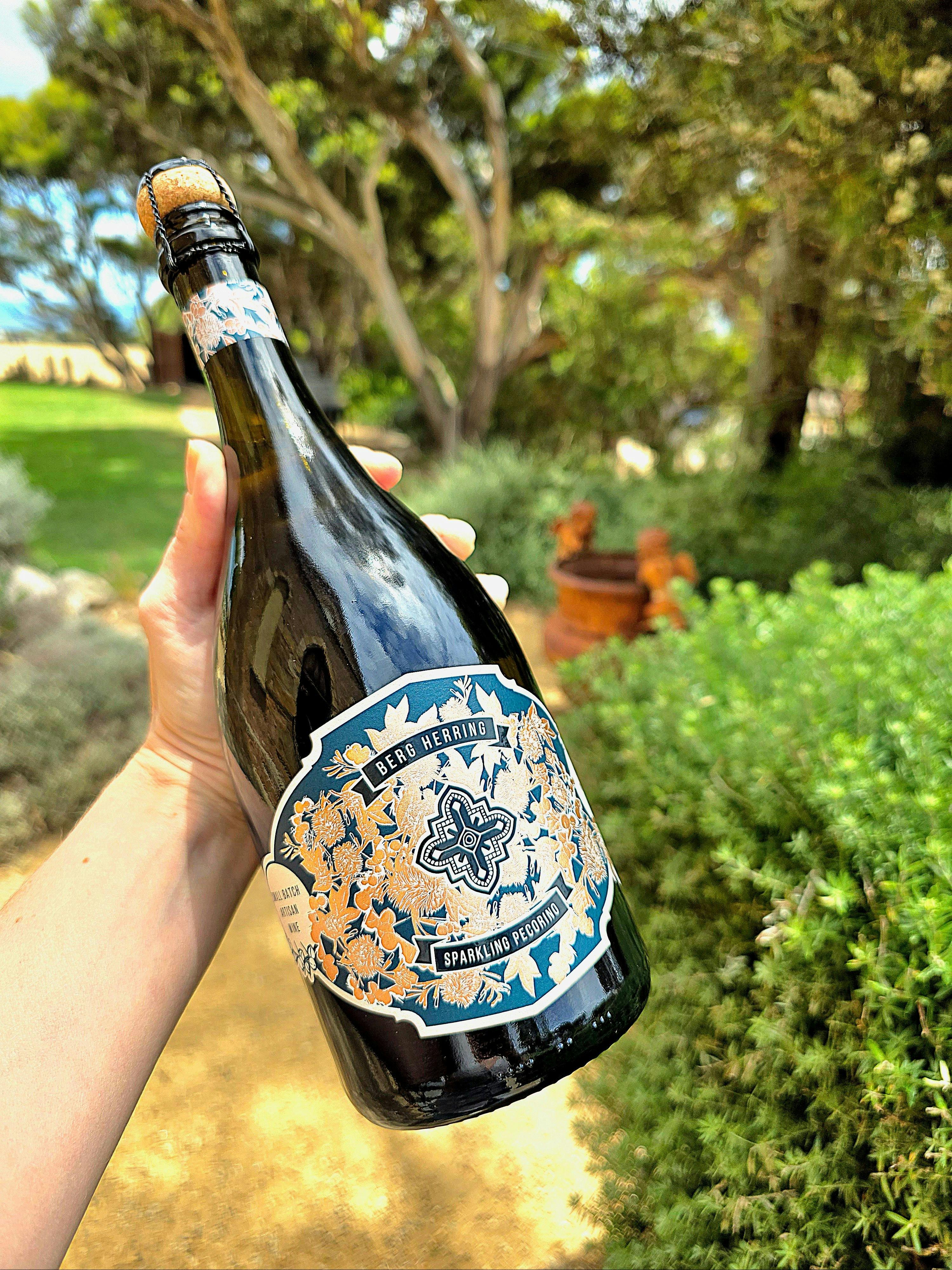 A hand holding a bottle of Berg Herring Sparkling Pecorino in a garden