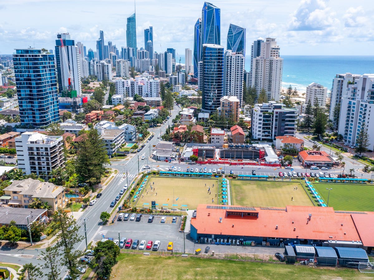 Aerial photo of the lawn bowls venue in Broadbeach