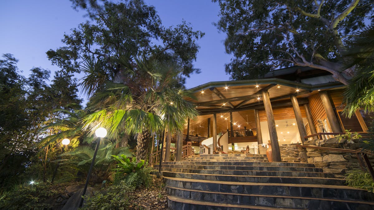 Grand entrance to Thala's main lodge with high ceilings and timber throughout