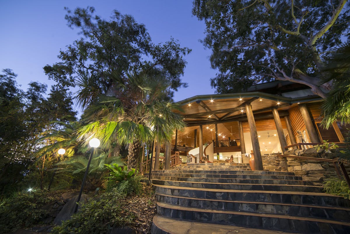 Grand entrance to Thala's main lodge with high ceilings and timber throughout