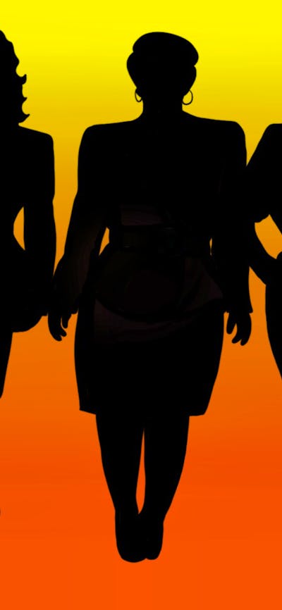 Three female silhouettes stand against a yellow and orange background