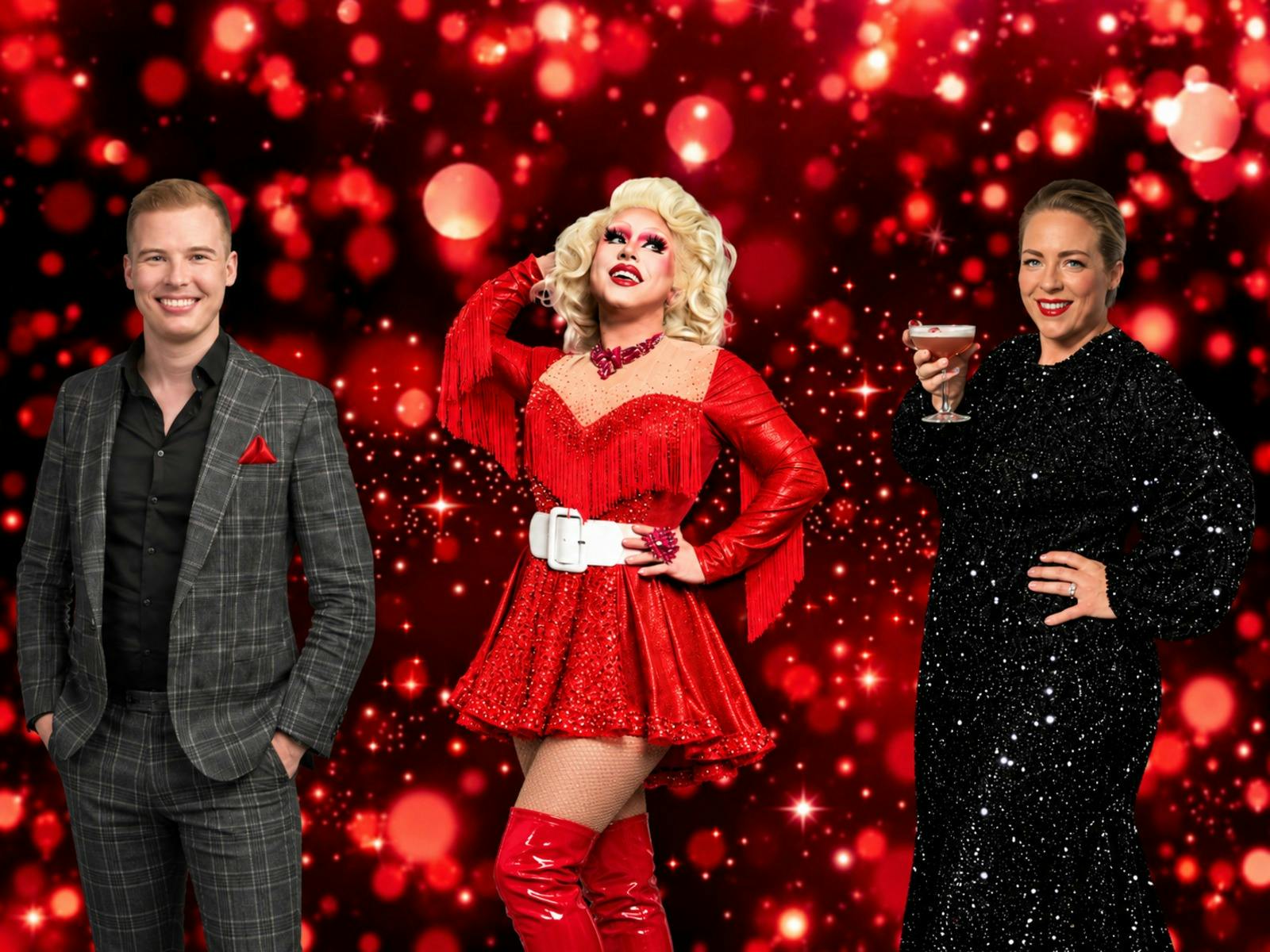 Three people pose against a sparkling red background: a man in a grey suit, a drag performer in red