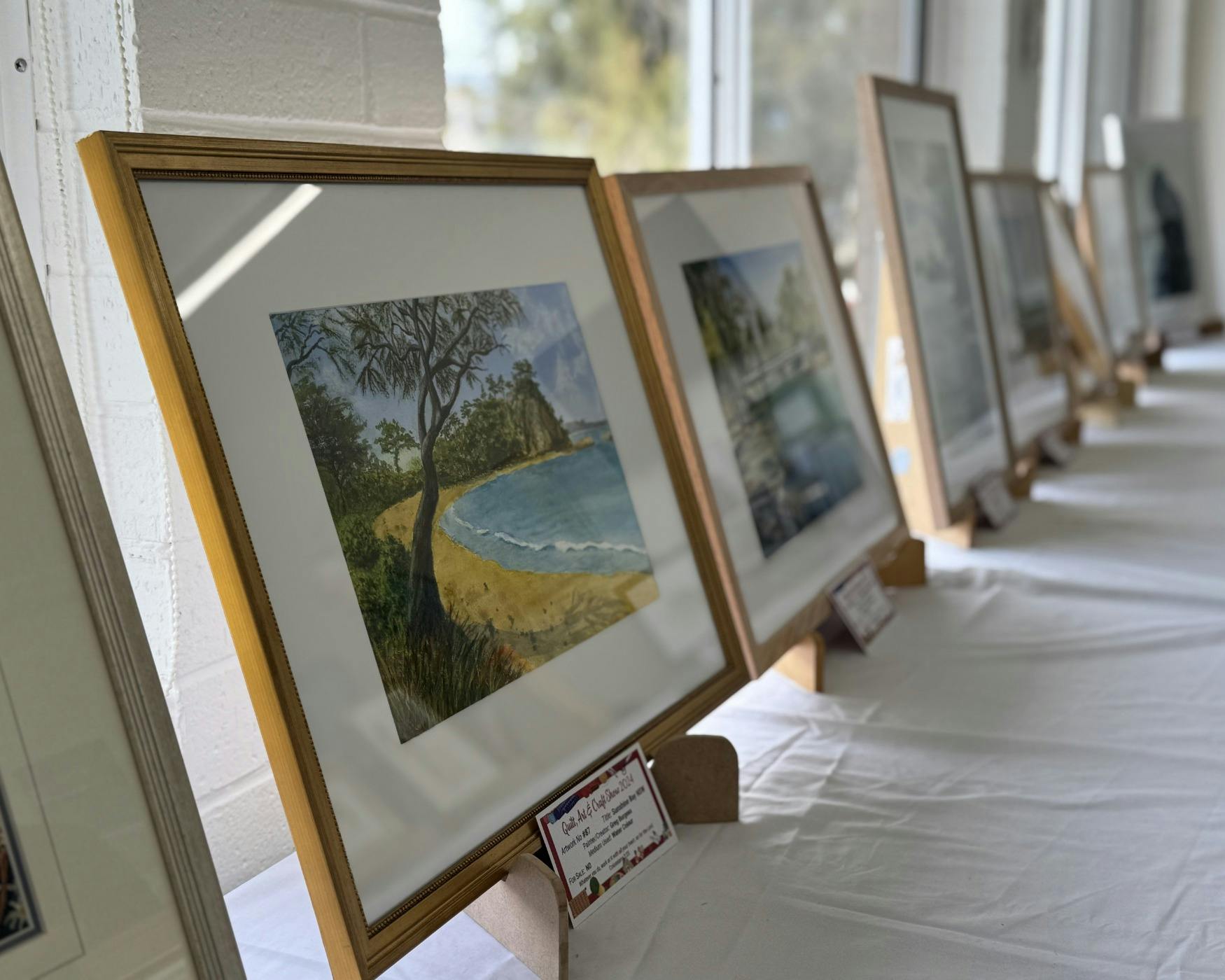 Many frames filled with paintings and drawings.