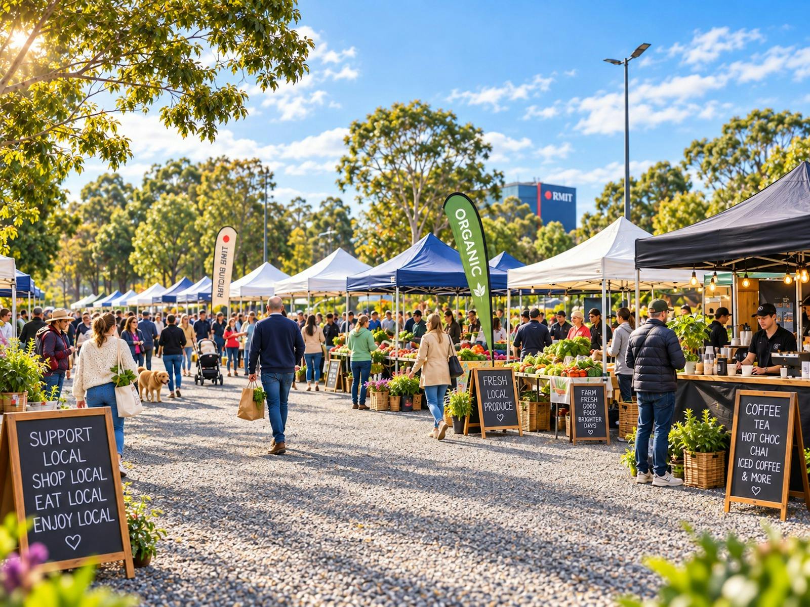 Artist’s impression of future Bundoora Community Market with stalls, produce, coffee and visitors.