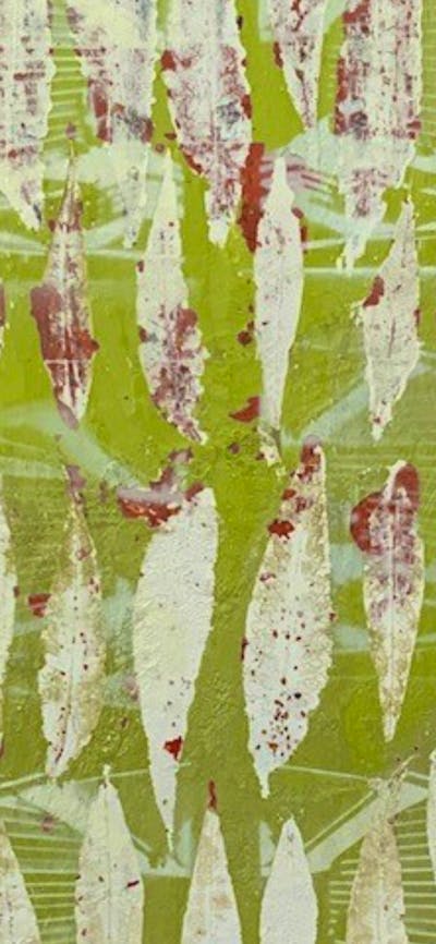 Mirrored imagery of eucalypt leaves in pale green with cool red specks, over lime green background.