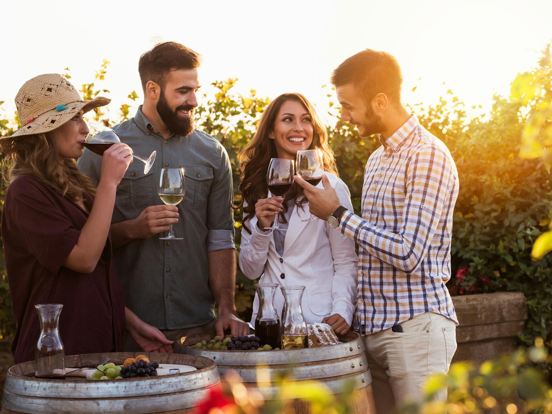 Friends drinking wine on a winery tour