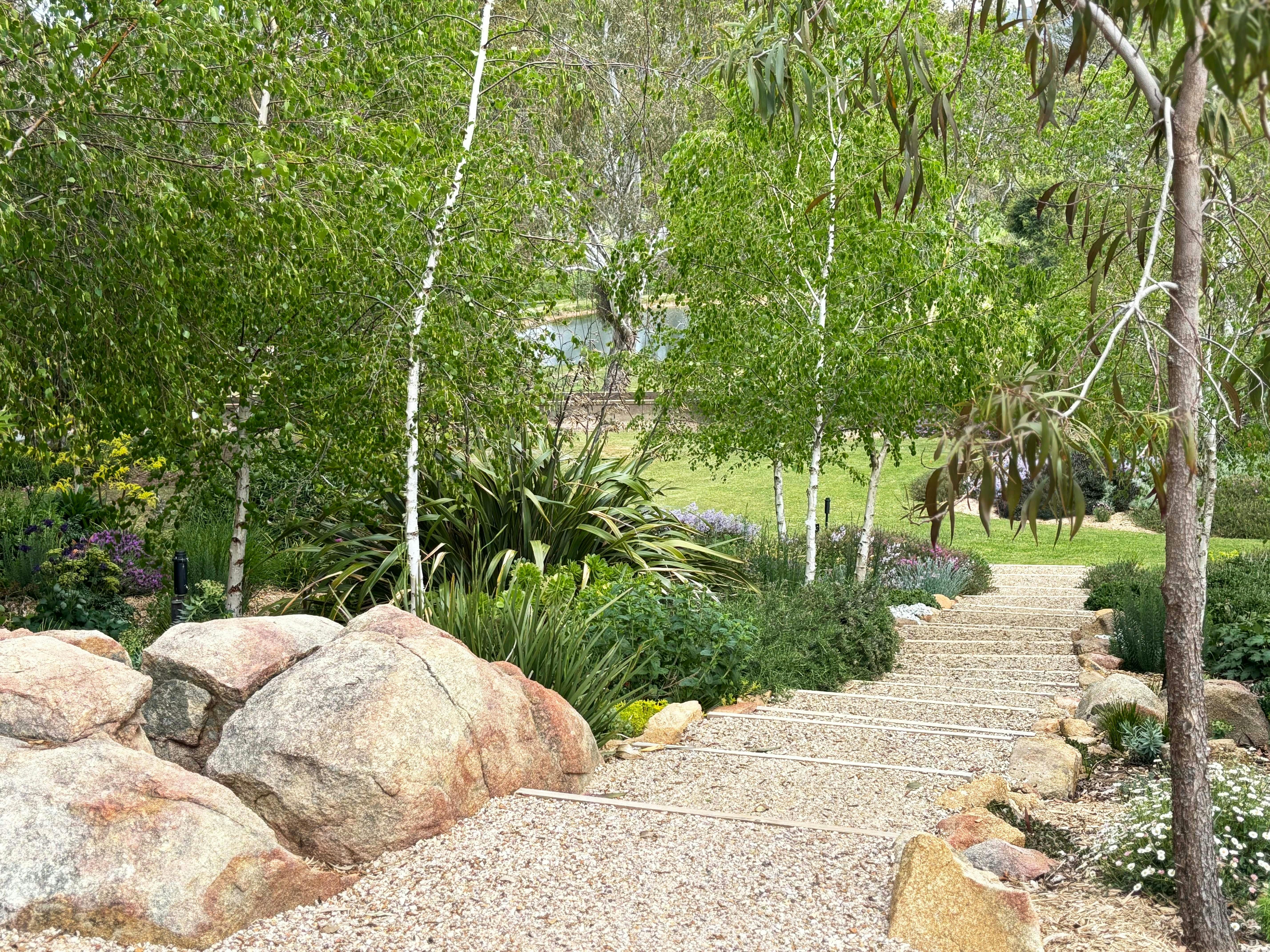 Open Gardens Victoria - Granite Garden, steps to grassy area