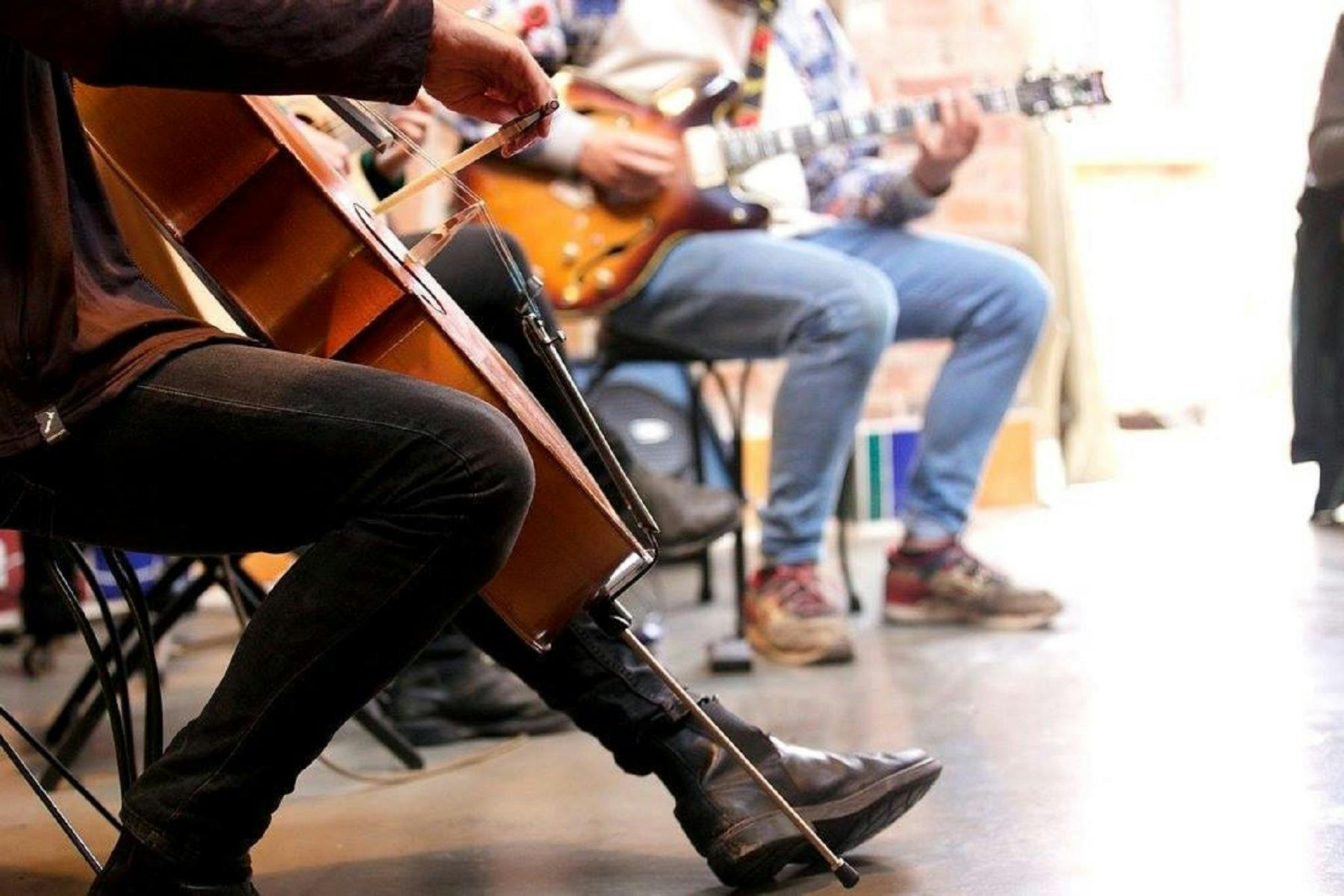 two musicians seated in chairs playing stringed instruments