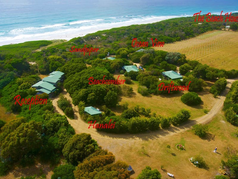Aerial View of Sandpiper Cottages along with the names of all cottages.