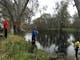 Woman  talking to group  beside billabong, reflections of trees in water, gum trees, grasses,