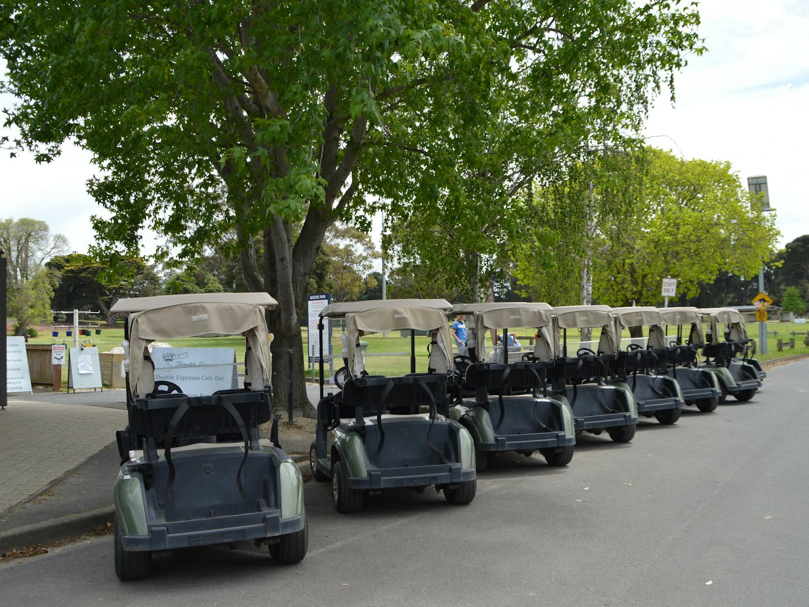 A line of golf carts sitting alongside the road availbale for hire