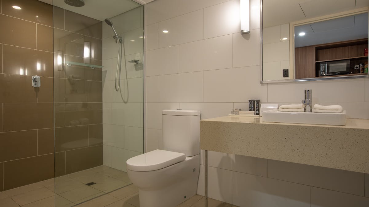 Single level bathroom with ceiling and wall mounted shower roses as part of the walk in shower