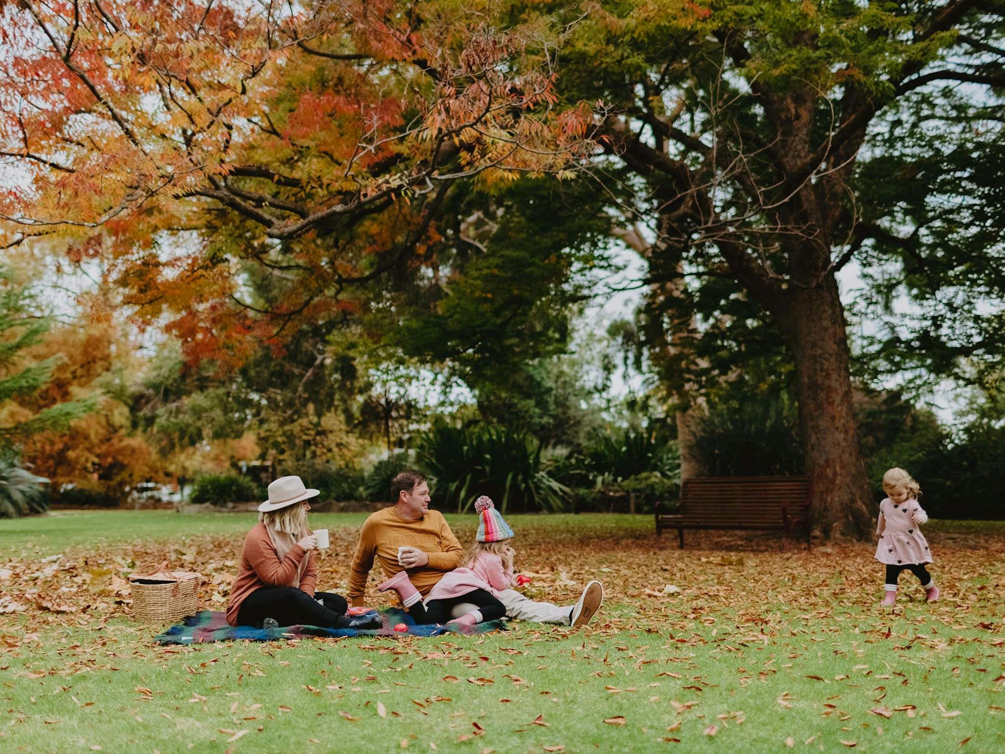 A family sit on a picnic rug underneath autumn trees at the Albury Botanic Gardens. A little girl in