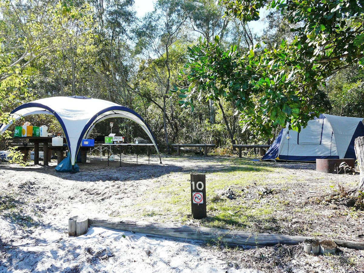 Blue tent set up beside a shaded picnic table.