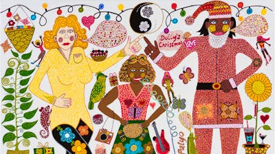 A colourful portrait of Dolly Parton and Kaylene Whiskey celebrating Christmas with presents.