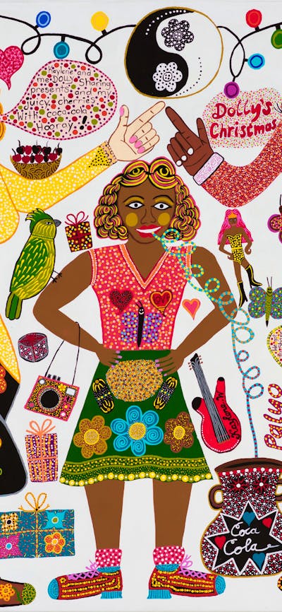 A colourful portrait of Dolly Parton and Kaylene Whiskey celebrating Christmas with presents.