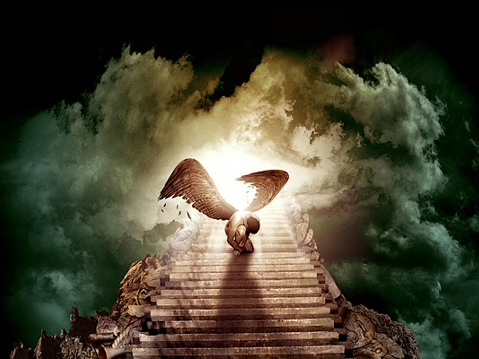 naked man with wings crouched on stairway with light streaming through clouds behind him