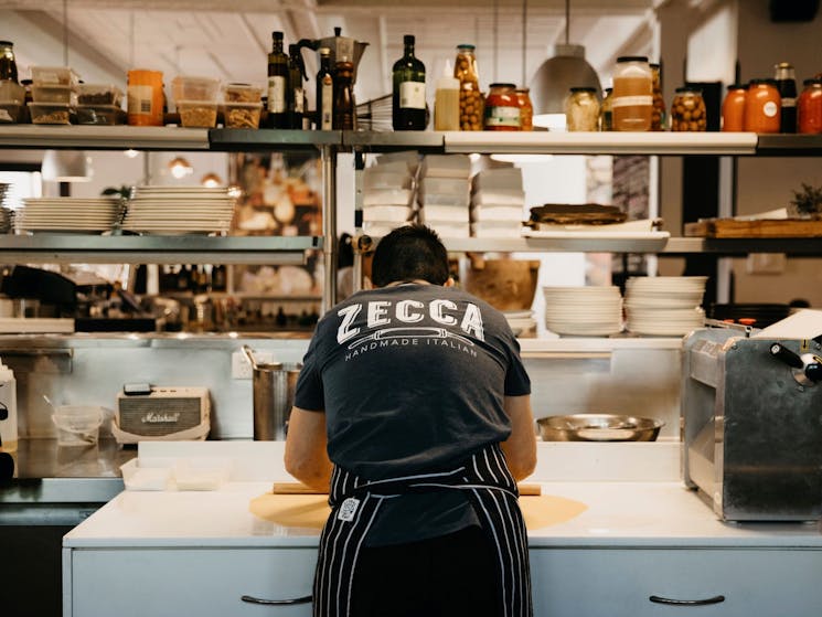 Chef Ben Di Rosa making fresh pasta at Zecca Restaurant, Griffith