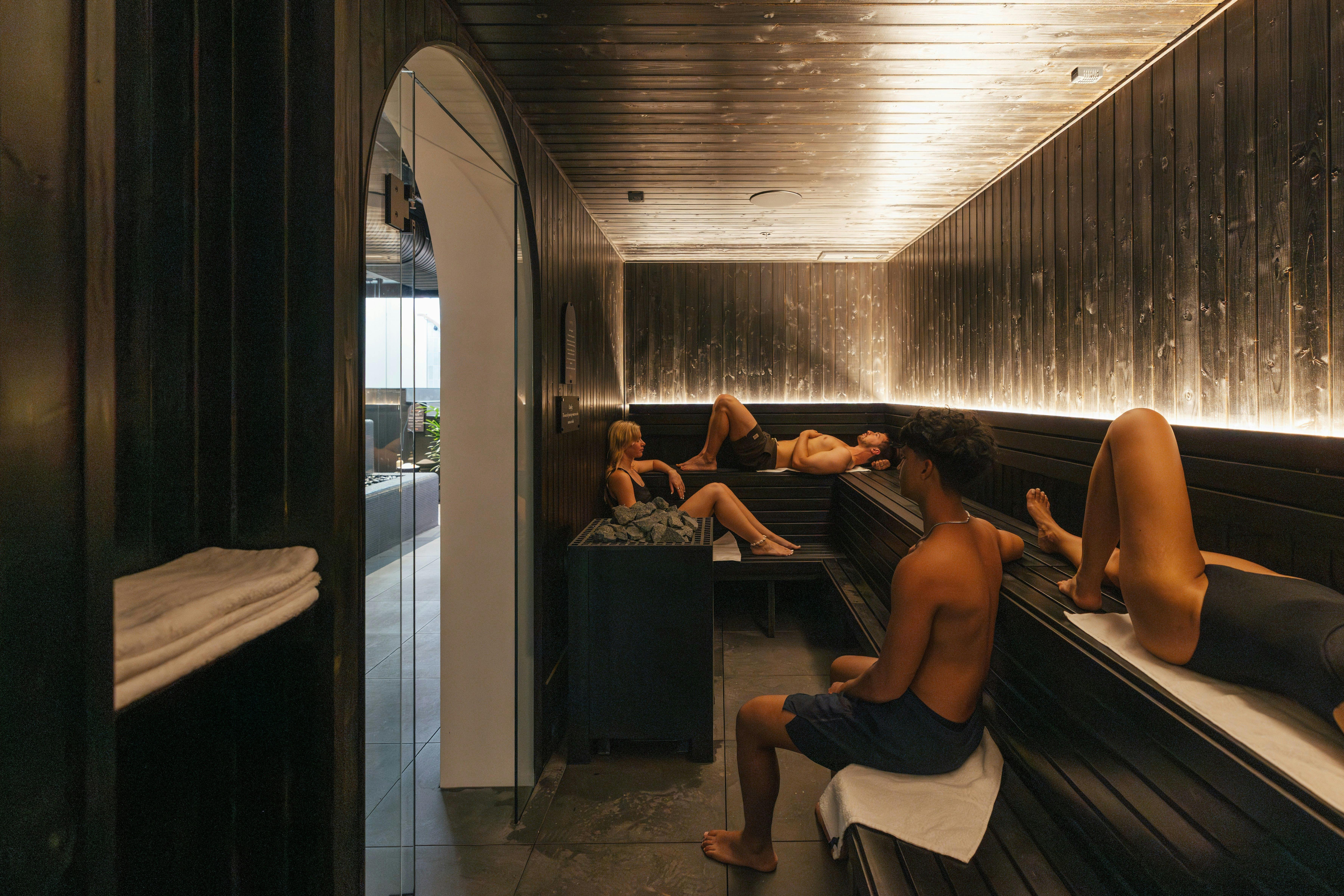 A group of people relaxing and chatting in a traditional finnish sauna.