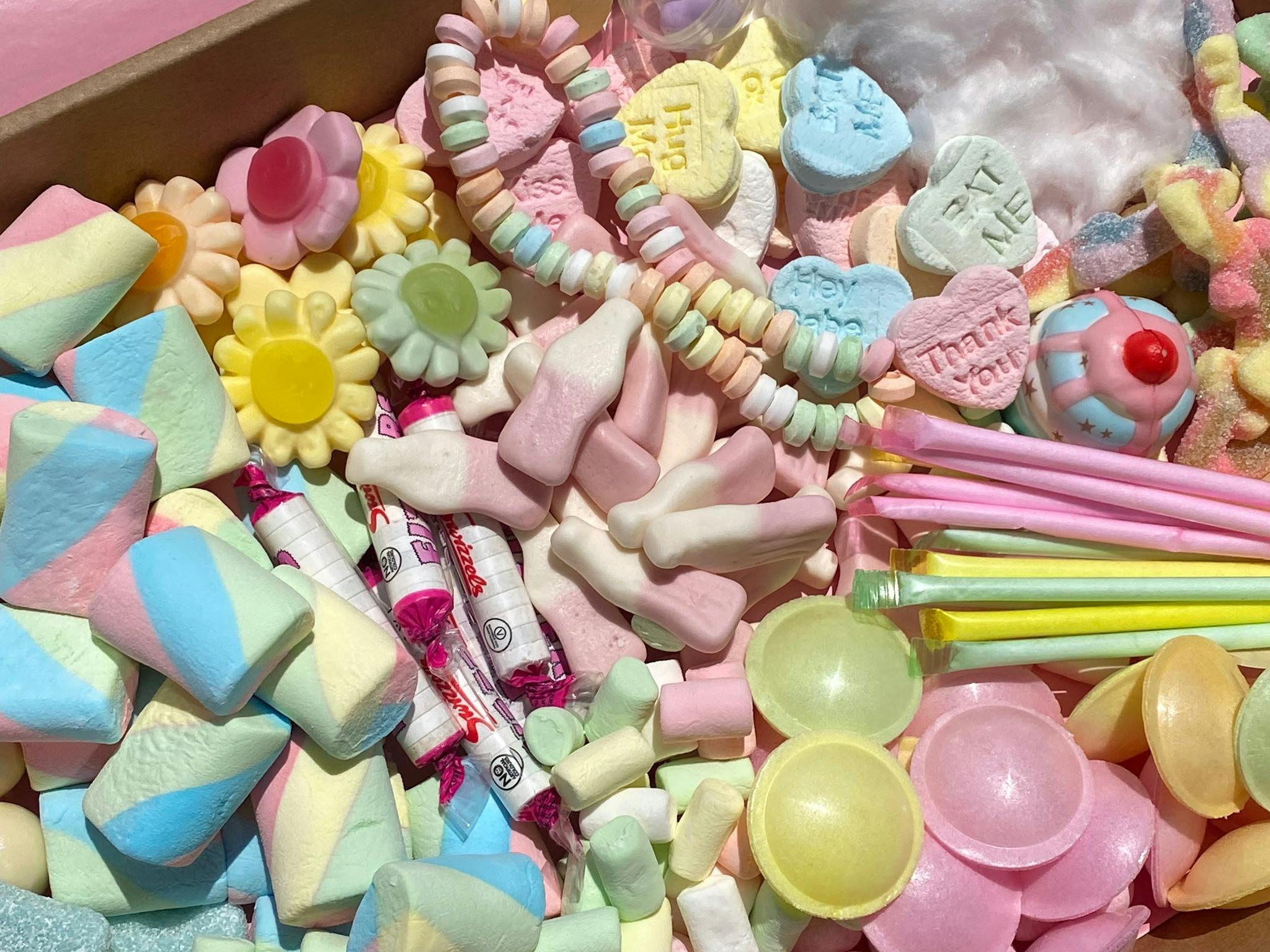 Pastel confectionery platter featuring marshmallows, chocolates and lollies at Sugar Rush Dayboro in Pastel confectionery platter featuring marshmallows, chocolates and lollies at Sugar Rush Dayboro in