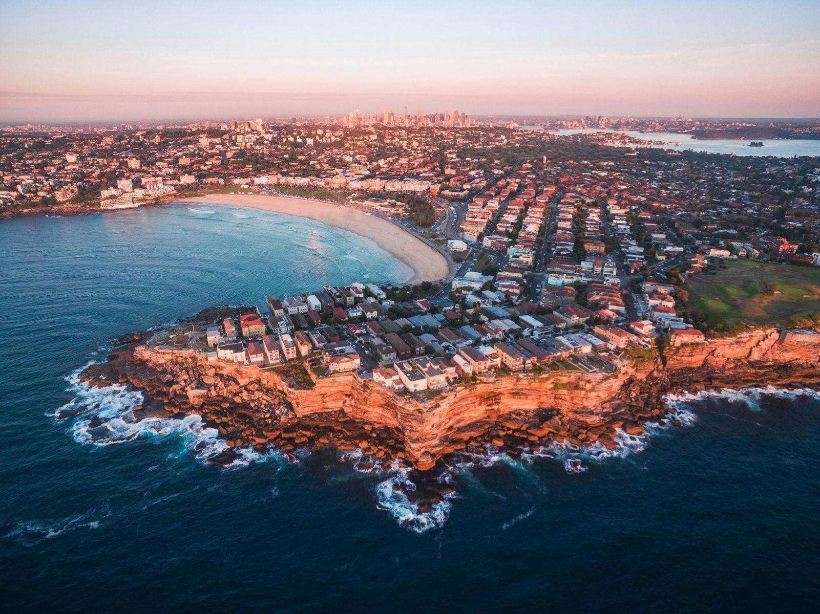 aerial shot of Bondi coastline at sunset