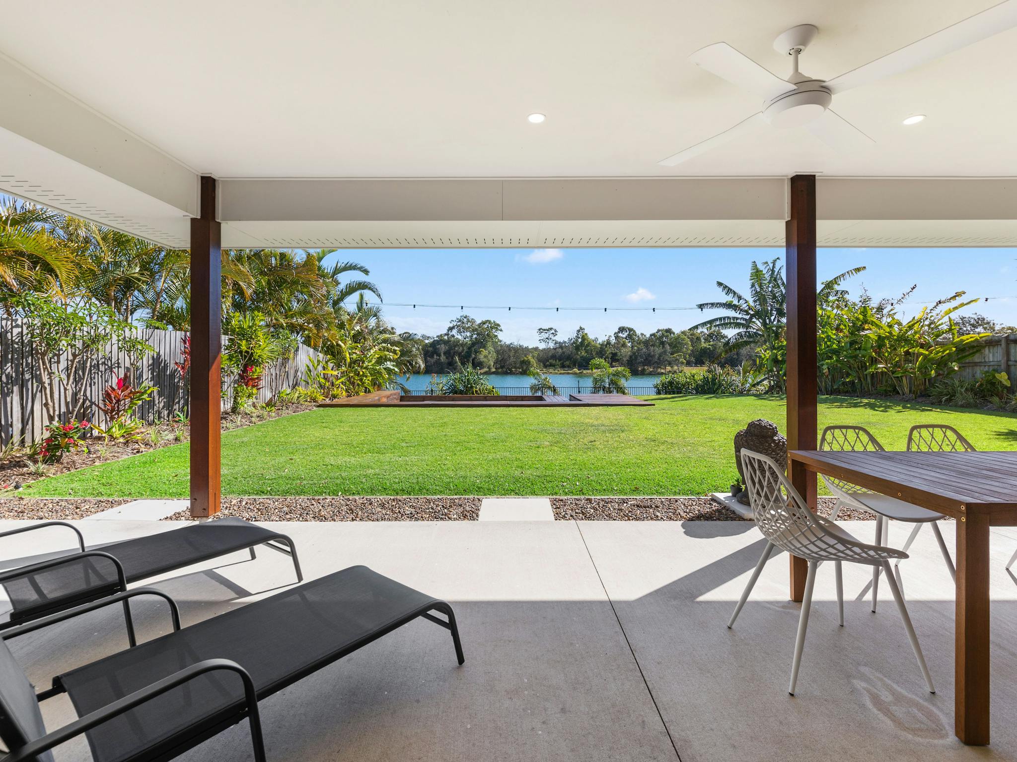 Covered private outdoor living with views out to Lake Kalvert Covered private outdoor living with views out to Lake Kalvert