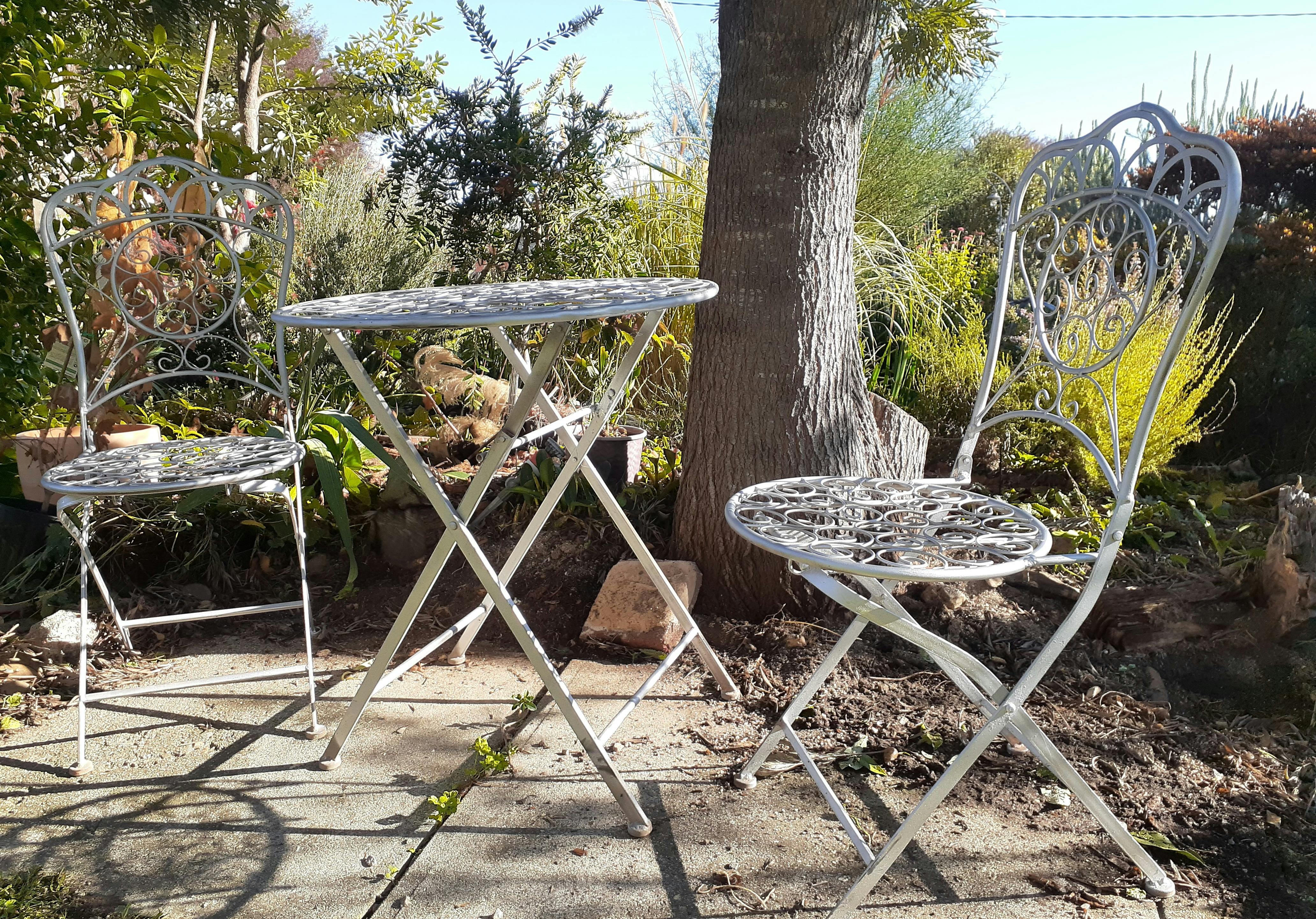 Table and 2 chairs sitting under a tree amongst the front garden