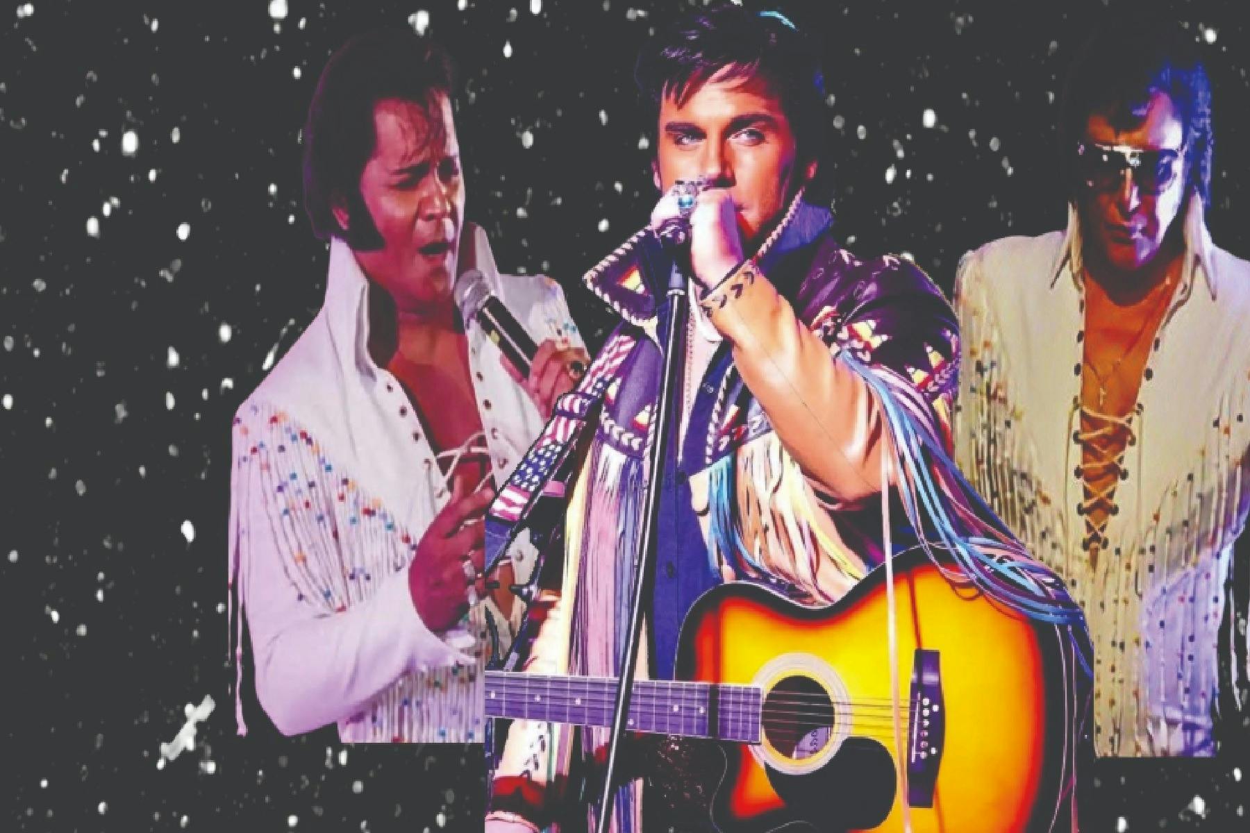 3 Elvis tribute Artists with black starry background