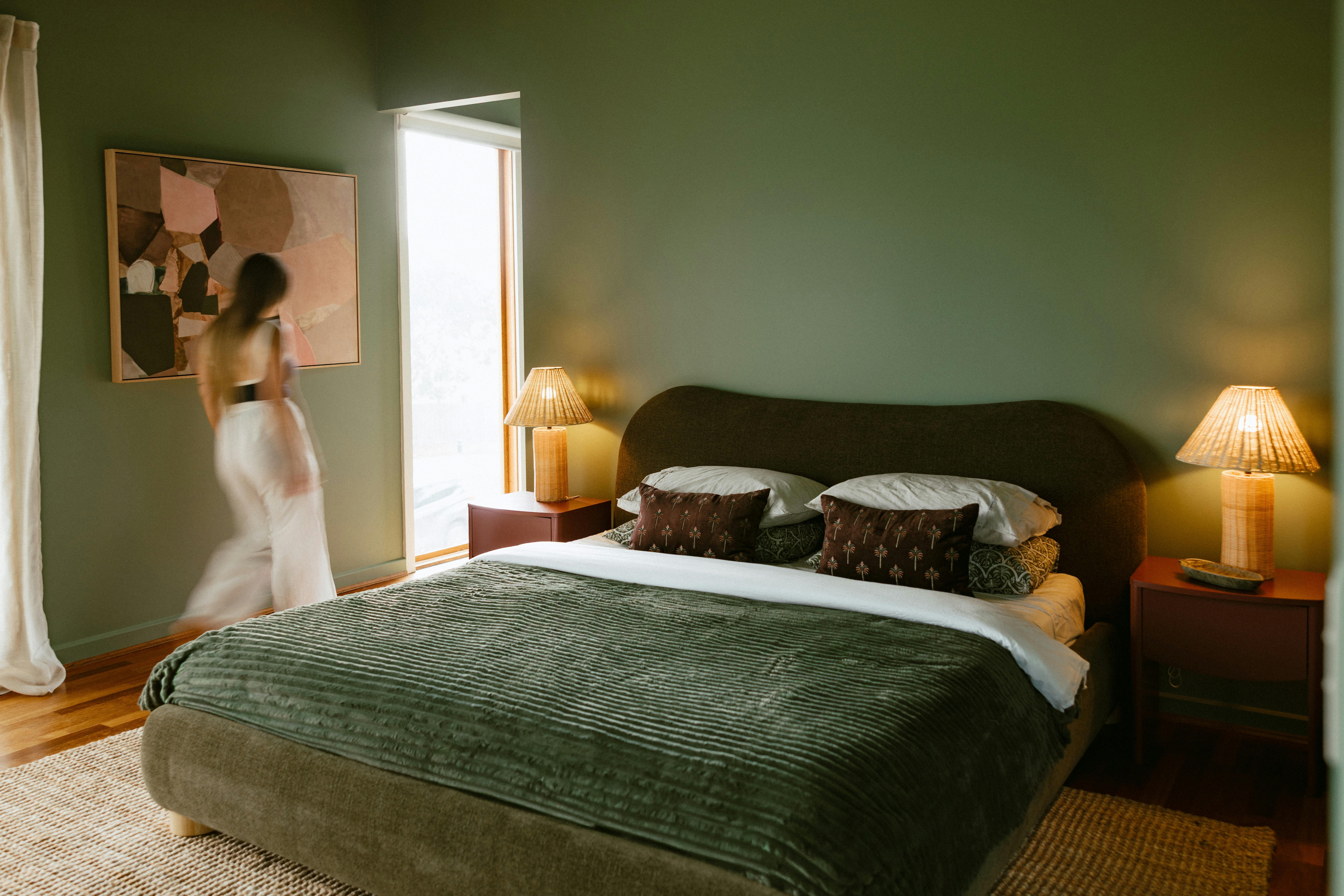 Calming green King bedroom with luxury linen at Villa 1 by The Shores