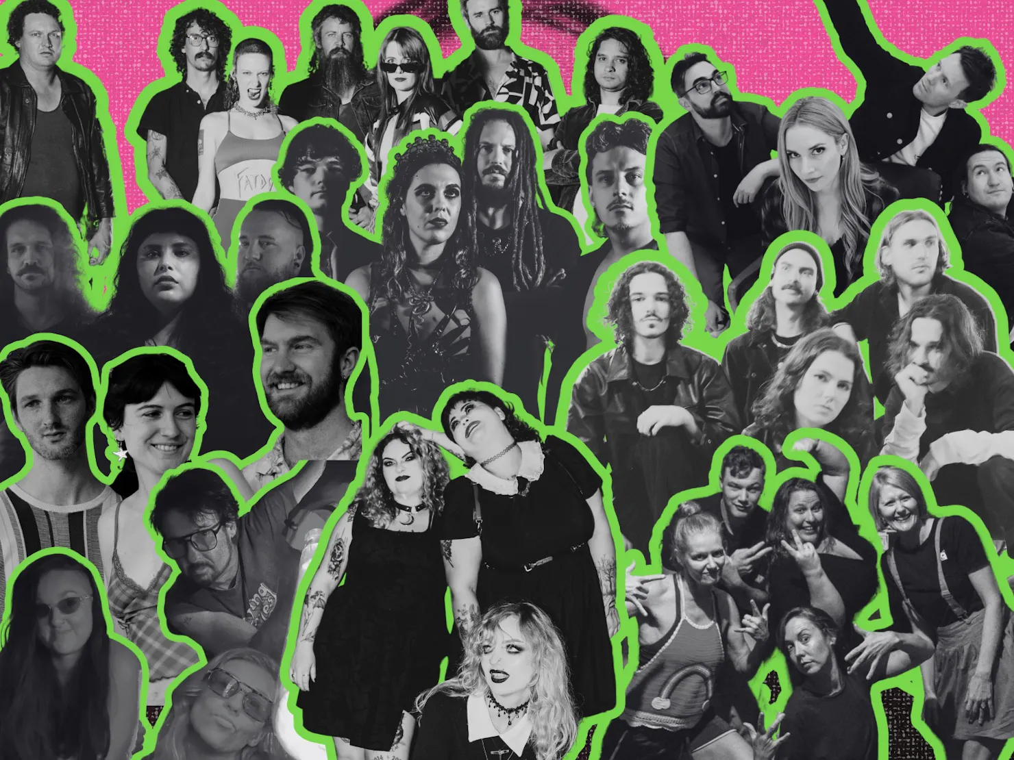 Cutouts of all the artists peforming with green outline and pink background
